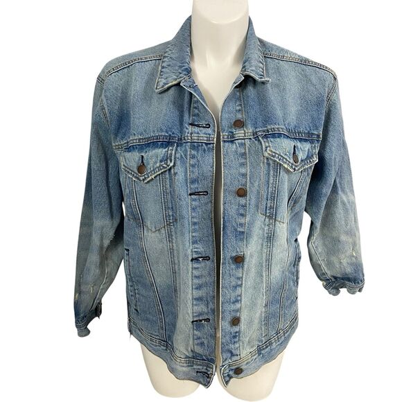 Upcycled Denim Jacket Womens Large Star Boho Grunge Patchwork Folk Art Coachella - Picture 6 of 14